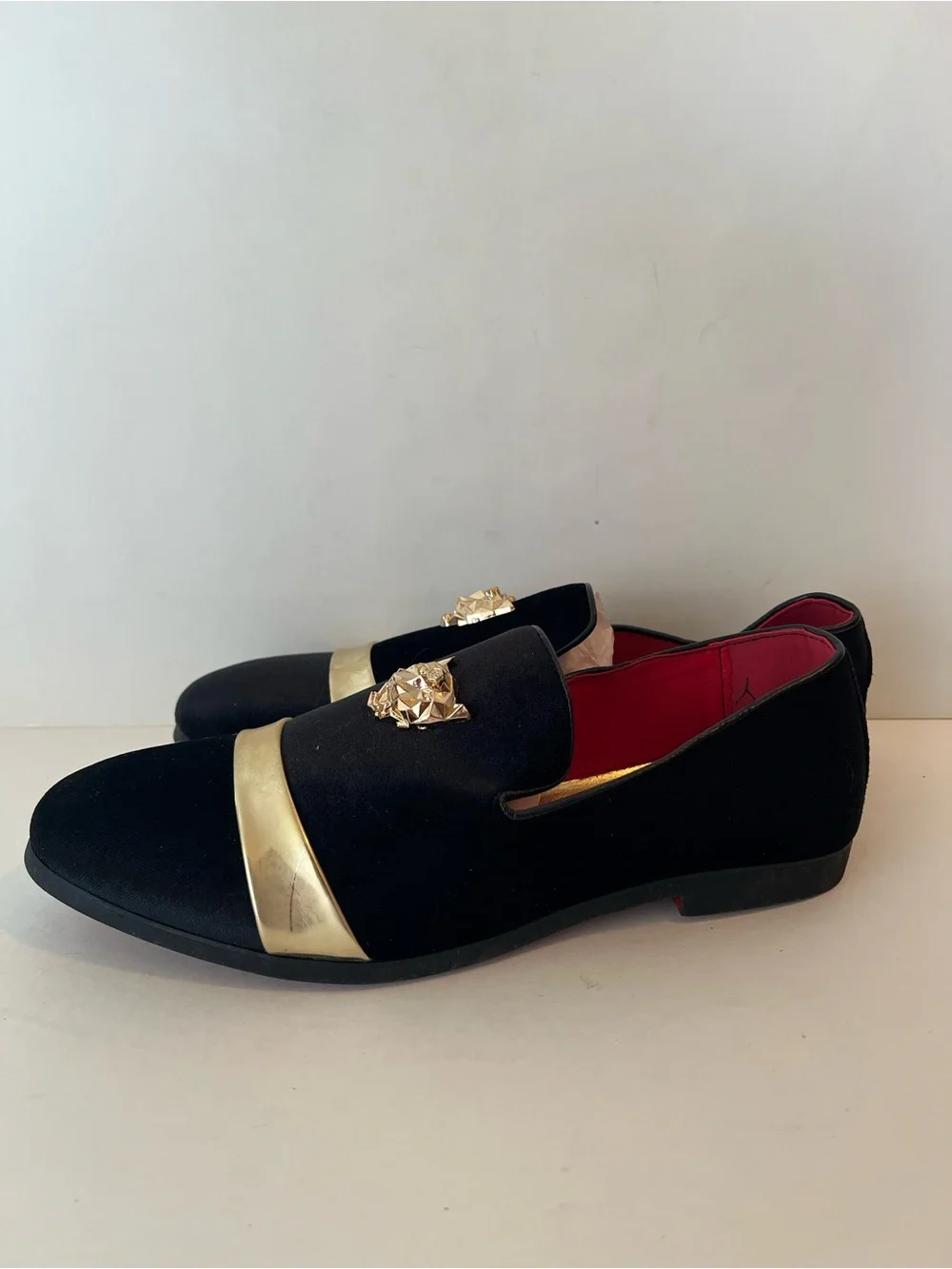 Men's Black Velvet Formal Loafers with Gold Toe Band & Medusa Crest - Size 44 (U